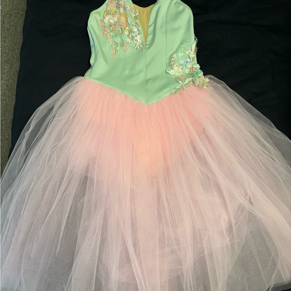 Charming Ballet Costume with Floral Accents - Mint green and Pink